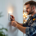 A photograph of a skilled lighting contractor installing modern electrical switches and outlets in a beautifully lit residential space