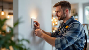 A photograph of a skilled lighting contractor installing modern electrical switches and outlets in a beautifully lit residential space