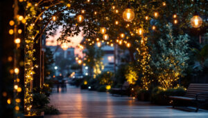 A photograph of a beautifully illuminated outdoor space at dusk