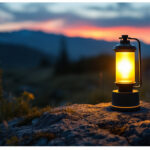A photograph of a solar camping lamp in a picturesque outdoor setting