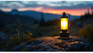 A photograph of a solar camping lamp in a picturesque outdoor setting