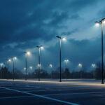 A photograph of a well-lit parking lot showcasing a variety of poles and lights in use