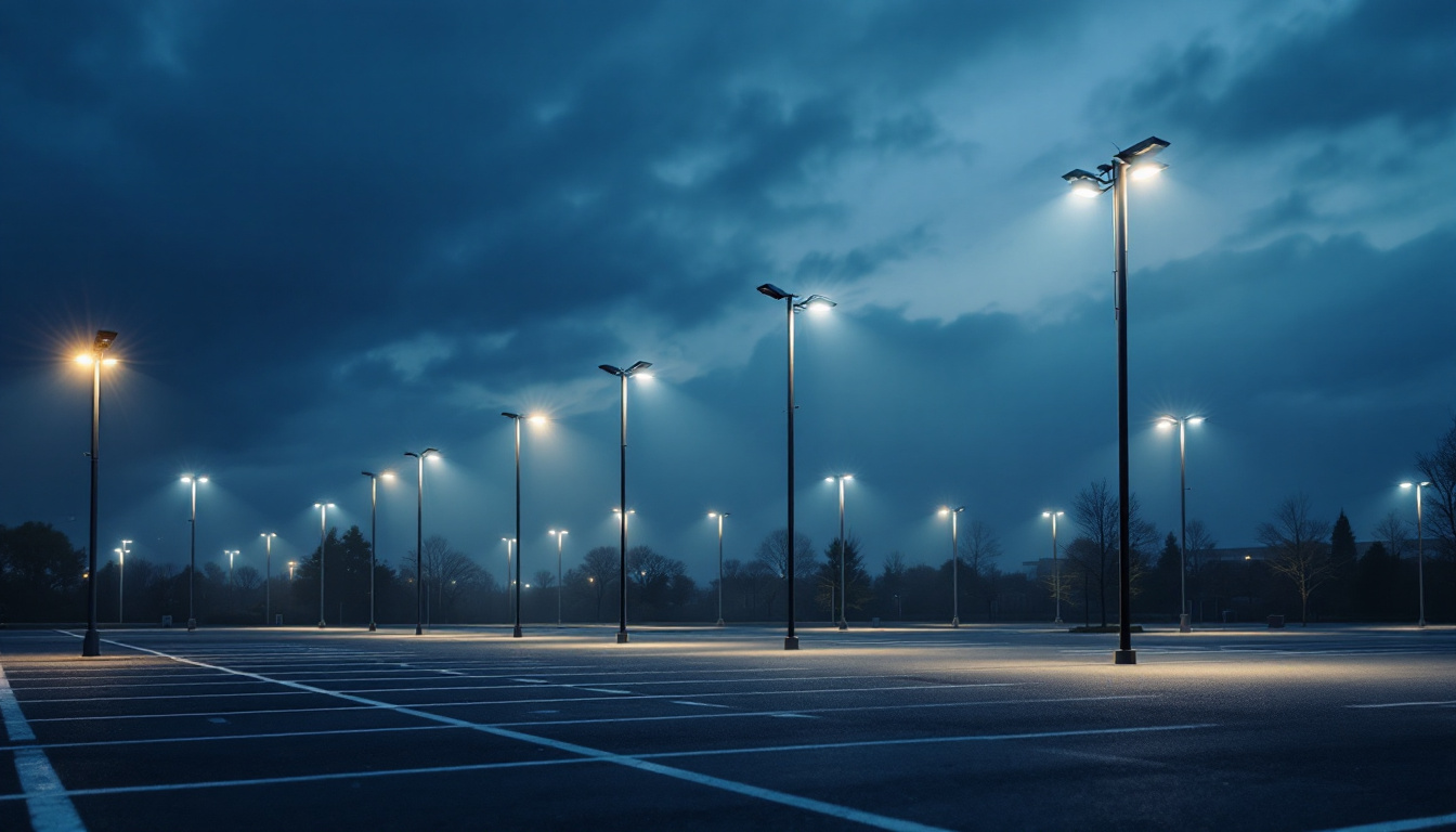 A photograph of a well-lit parking lot showcasing a variety of poles and lights in use