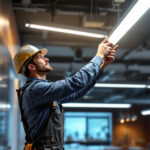 A photograph of a lighting contractor expertly installing linear led lights in a modern commercial space