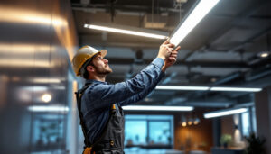 A photograph of a lighting contractor expertly installing linear led lights in a modern commercial space
