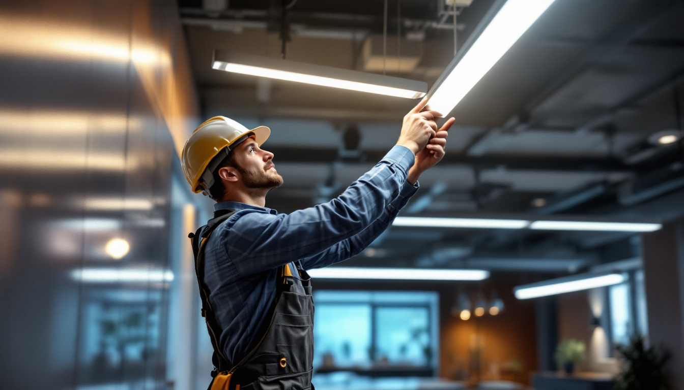 A photograph of a lighting contractor expertly installing linear led lights in a modern commercial space