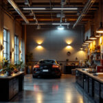 A photograph of a well-lit automotive shop interior showcasing various wall light installations