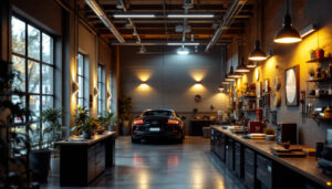 A photograph of a well-lit automotive shop interior showcasing various wall light installations