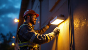 A photograph of a skilled lighting contractor installing a wallpack led fixture on a commercial building