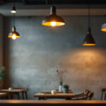 A photograph of a well-designed commercial space featuring stylish pendant lighting fixtures