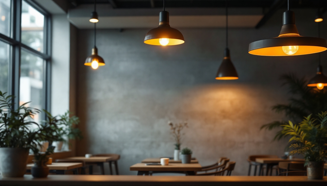 A photograph of a well-designed commercial space featuring stylish pendant lighting fixtures