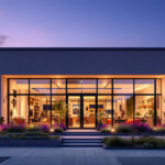 A photograph of a vibrant commercial outdoor space illuminated by solar lights at dusk