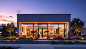 A photograph of a vibrant commercial outdoor space illuminated by solar lights at dusk