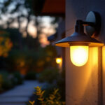 A photograph of a stylish dusk-to-dawn light fixture installed in an outdoor setting