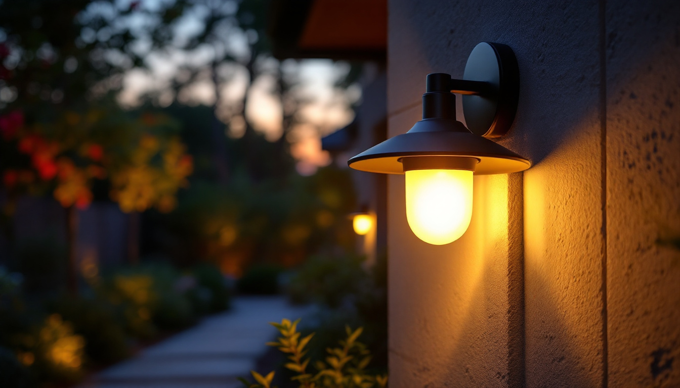 A photograph of a stylish dusk-to-dawn light fixture installed in an outdoor setting