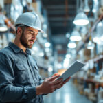 A photograph of a lighting contractor examining various energy-efficient light fixtures in a well-organized supply warehouse