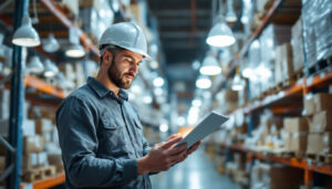 A photograph of a lighting contractor examining various energy-efficient light fixtures in a well-organized supply warehouse