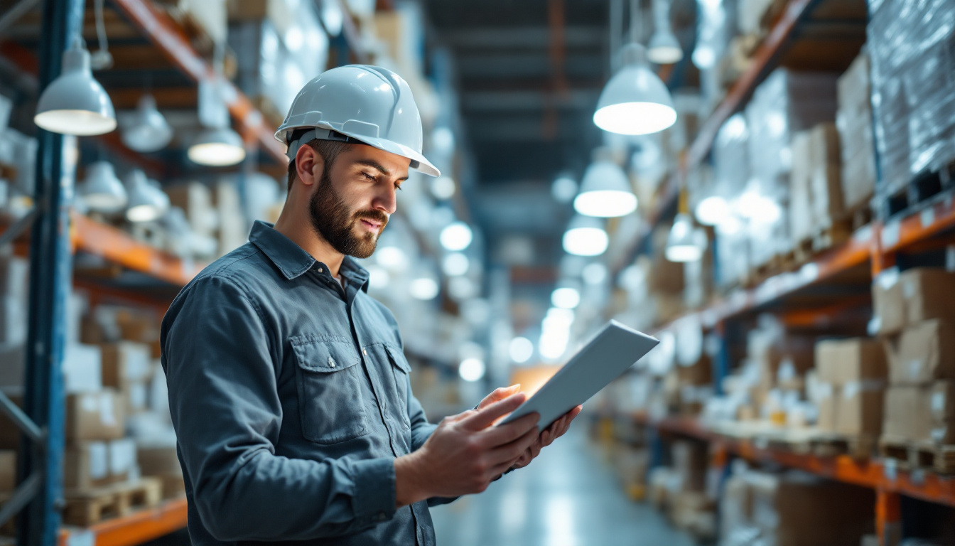 A photograph of a lighting contractor examining various energy-efficient light fixtures in a well-organized supply warehouse