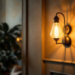 A photograph of a stylish wall-mounted light fixture in an elegantly decorated interior setting