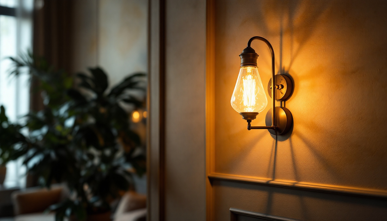 A photograph of a stylish wall-mounted light fixture in an elegantly decorated interior setting