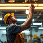 A photograph of a lighting contractor installing warm fluorescent led bulbs in a commercial space
