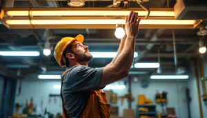 A photograph of a lighting contractor installing warm fluorescent led bulbs in a commercial space