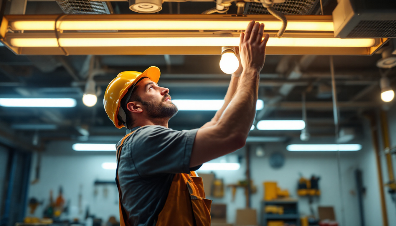 A photograph of a lighting contractor installing warm fluorescent led bulbs in a commercial space