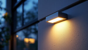 A photograph of a modern led wall pack light fixture installed on a building exterior