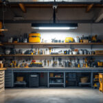 A photograph of a well-lit workshop or garage featuring an 8-foot led shop light installed overhead