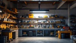 A photograph of a well-lit workshop or garage featuring an 8-foot led shop light installed overhead