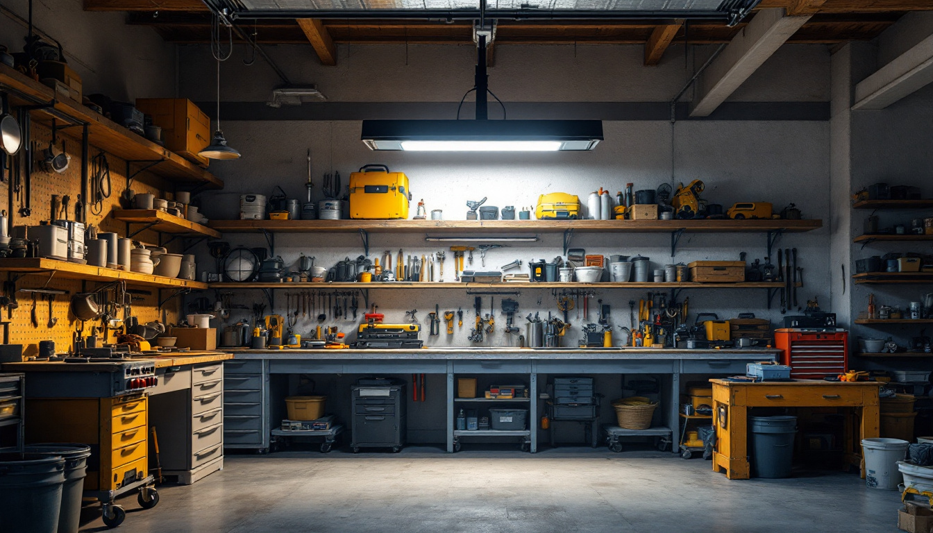 A photograph of a well-lit workshop or garage featuring an 8-foot led shop light installed overhead