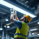 A photograph of a lighting contractor installing or showcasing 8ft led lights in a commercial or industrial setting