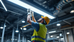 A photograph of a lighting contractor installing or showcasing 8ft led lights in a commercial or industrial setting