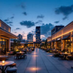 A photograph of a beautifully illuminated outdoor commercial space at dusk