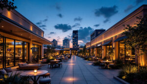 A photograph of a beautifully illuminated outdoor commercial space at dusk