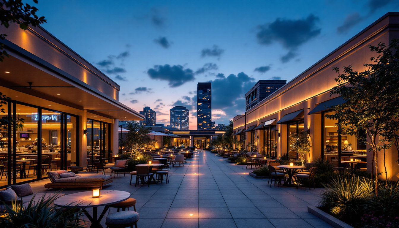A photograph of a beautifully illuminated outdoor commercial space at dusk