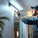 A photograph of a professional lighting contractor installing a 4-foot led strip light in a stylish interior space