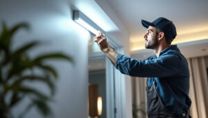 A photograph of a professional lighting contractor installing a 4-foot led strip light in a stylish interior space