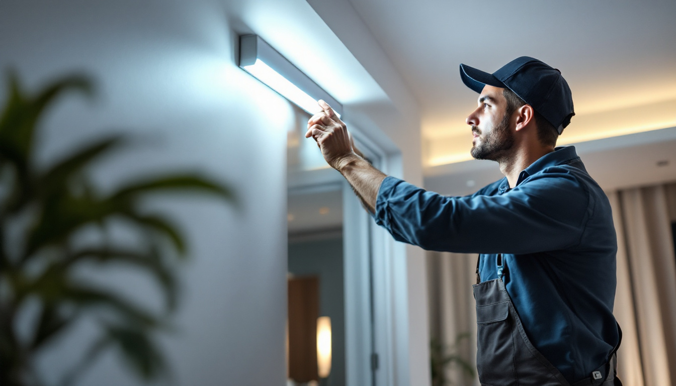 A photograph of a professional lighting contractor installing a 4-foot led strip light in a stylish interior space