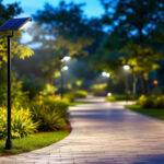 A photograph of a well-lit outdoor space featuring solar pole lights in use