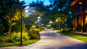 A photograph of a well-lit outdoor space featuring solar pole lights in use