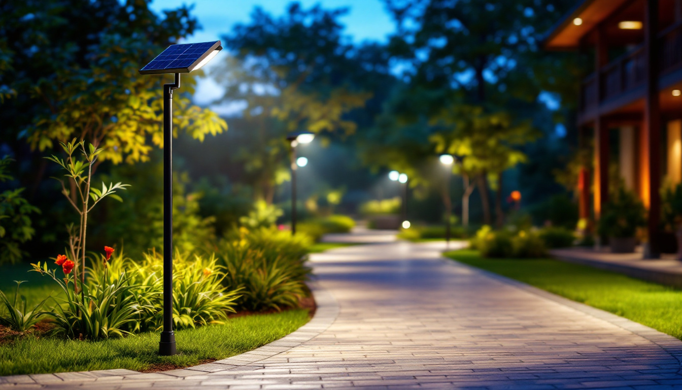 A photograph of a well-lit outdoor space featuring solar pole lights in use