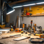A photograph of a well-lit workspace featuring an 8 led shop light illuminating various tools and materials used in a lighting installation project