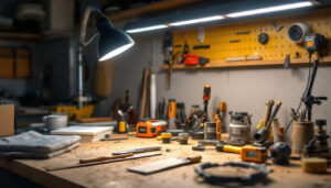 A photograph of a well-lit workspace featuring an 8 led shop light illuminating various tools and materials used in a lighting installation project