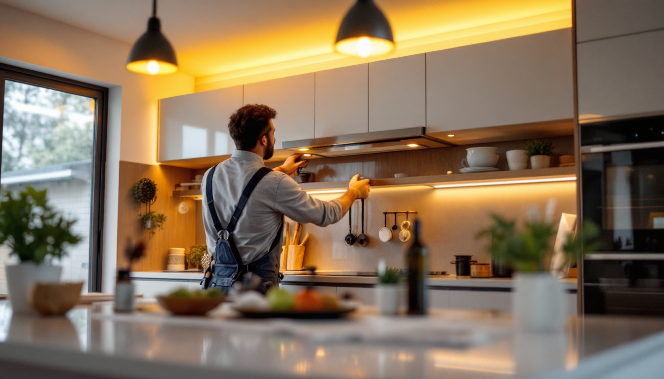 A photograph of a modern kitchen or cabinet space illuminated by sleek led cabinet lighting