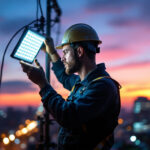 A photograph of a skilled lighting contractor expertly installing or adjusting led lights in an urban setting