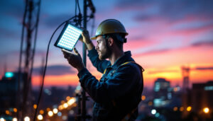 A photograph of a skilled lighting contractor expertly installing or adjusting led lights in an urban setting