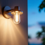 A photograph of a stylish outdoor wall-mounted light fixture illuminating a modern patio or garden setting during twilight
