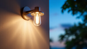 A photograph of a stylish outdoor wall-mounted light fixture illuminating a modern patio or garden setting during twilight