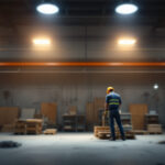 A photograph of a well-lit industrial workspace featuring high bay shop lights in action